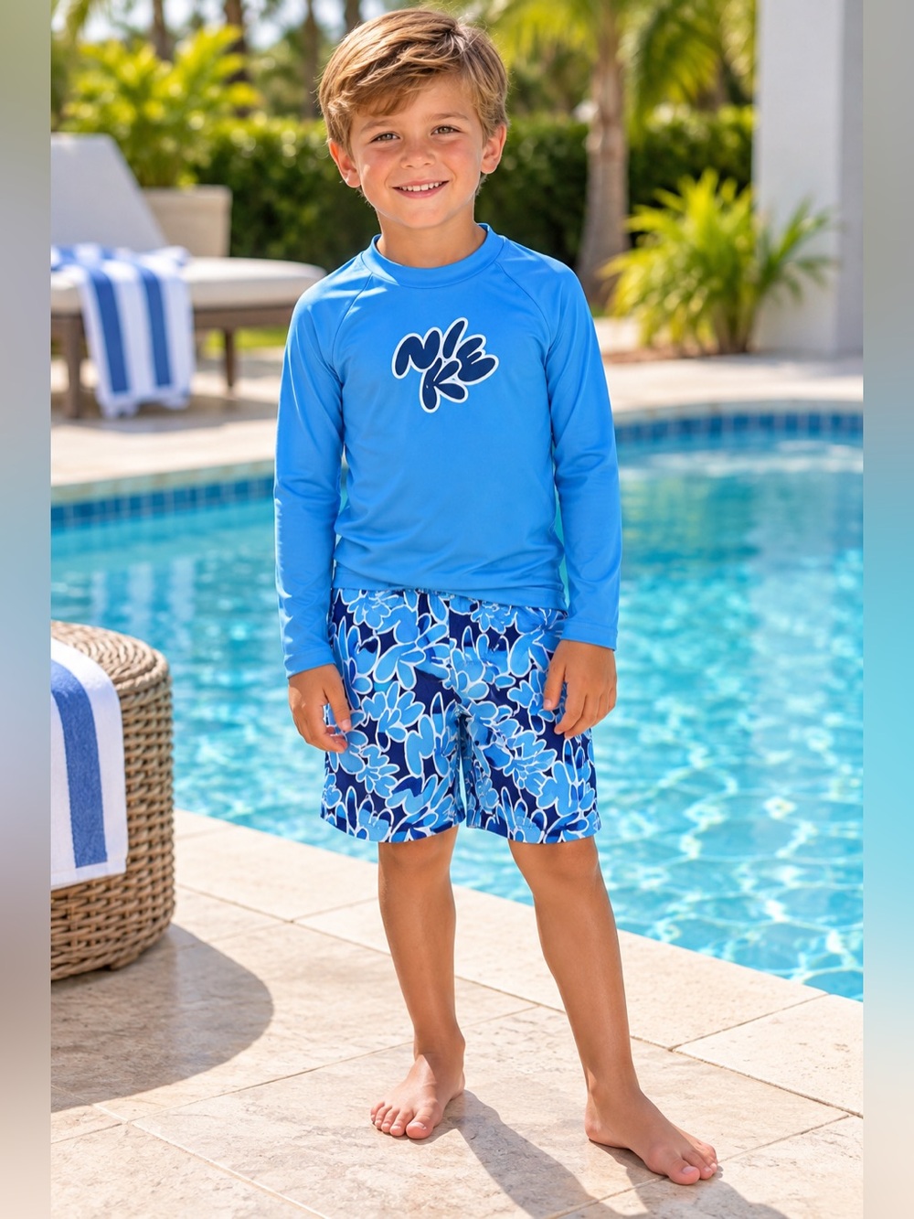 Nike Boys Size 6 NWT 2-Piece Swim Set Rash Guard Shirt & Swim Trunks Blue